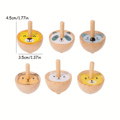 6pcs Wooden Spinning Top Toys Cartoon Fruit Animal Theme Patterns Classic Game