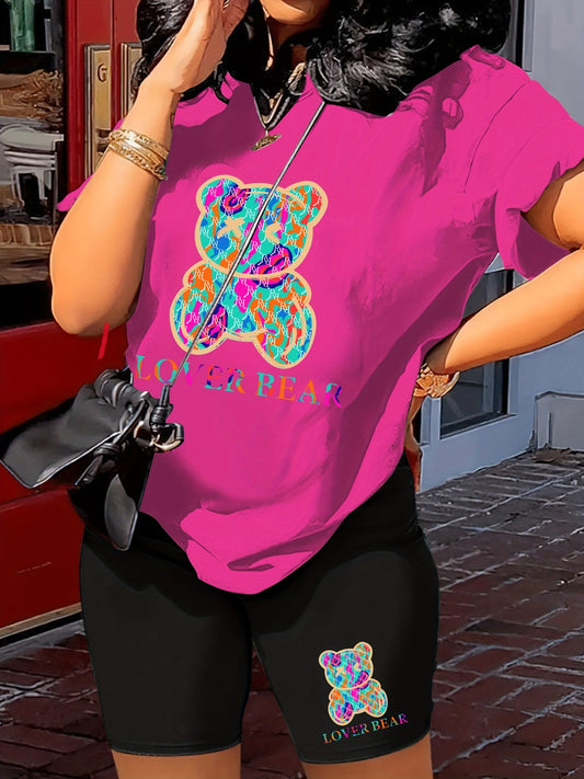 Lover Bear Print Two Piece Outfit Short Sleeve Crew Neck T Shirt & Shorts