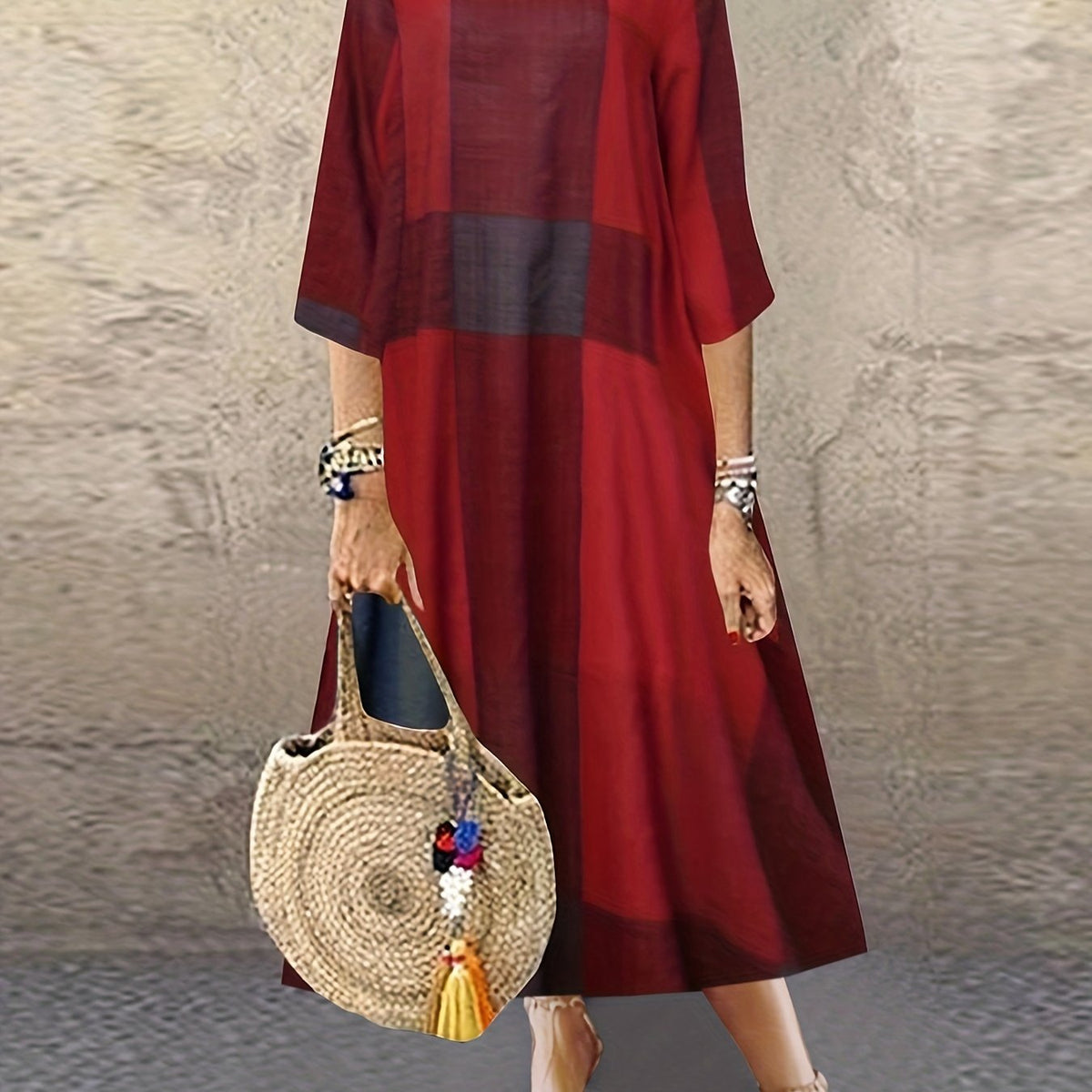  Colorblock Print Half Sleeve Round Neck Stretch Dress