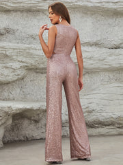 Sequined Cut Out Waist Jumpsuit Sexy Wide Leg Sleeveless