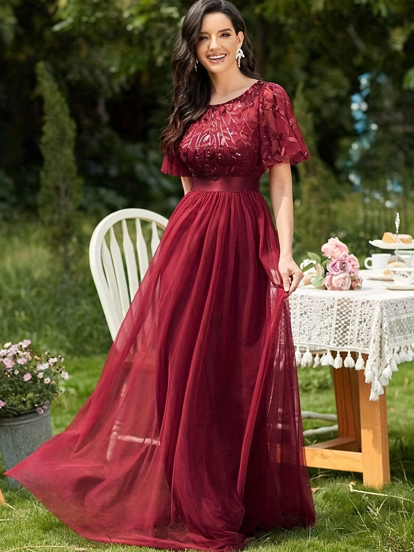 Mesh Contrast Maxi Party Dress Short Sleeve Crew Neck Evening Wear