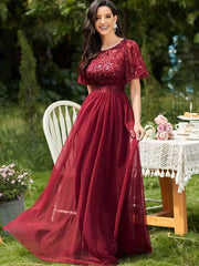 Mesh Contrast Maxi Party Dress Short Sleeve Crew Neck Evening Wear