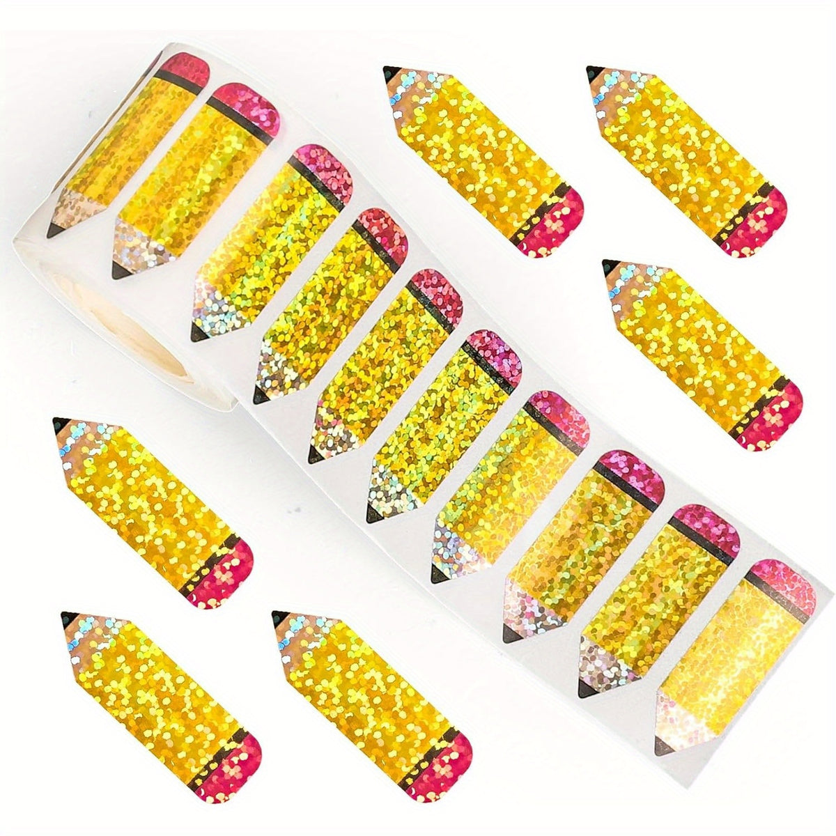500pcs Back to School Stickers Roll Holographic Laser Cut Pencil Decals