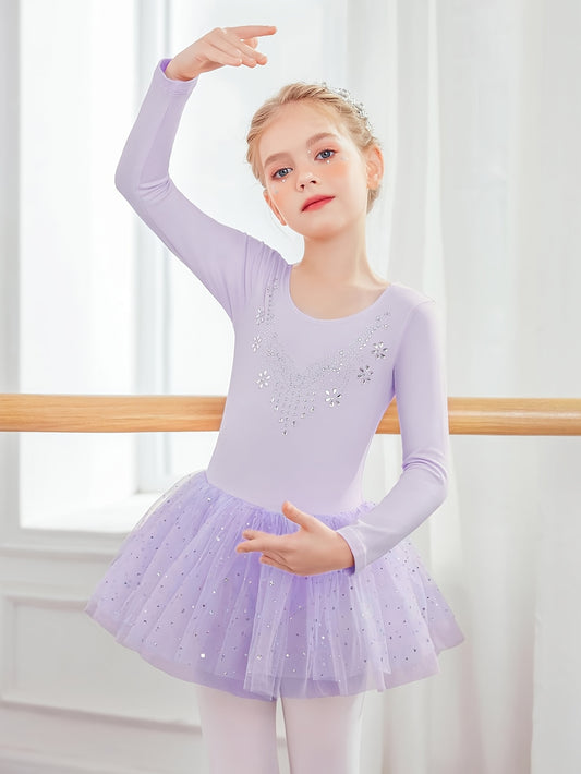 Girls Sequin Long Sleeve Ballet Tutu Leotard for Dance Performance