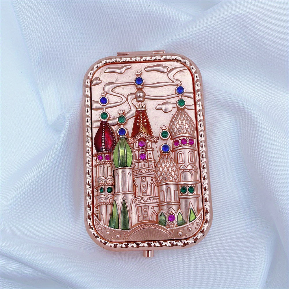 Vintage Peacock Vanity Mirror Compact Magnifying Glass Rhinestones Metal