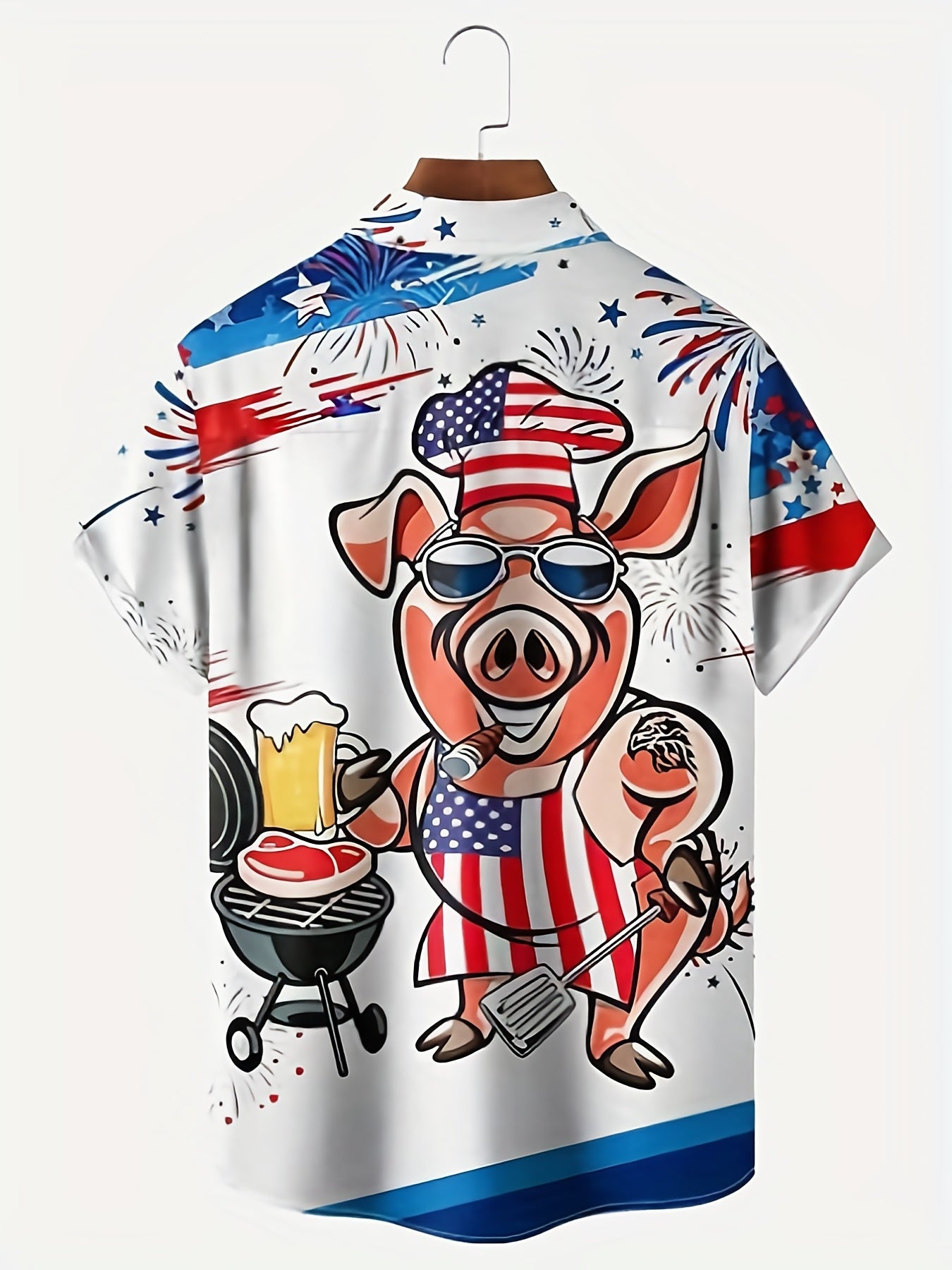 Funny Cartoon Pig Men's Short Sleeve Shirt with American Flag Print