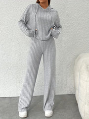 Ribbed 2pc Set Drawstring Hooded Top & Loose Pants