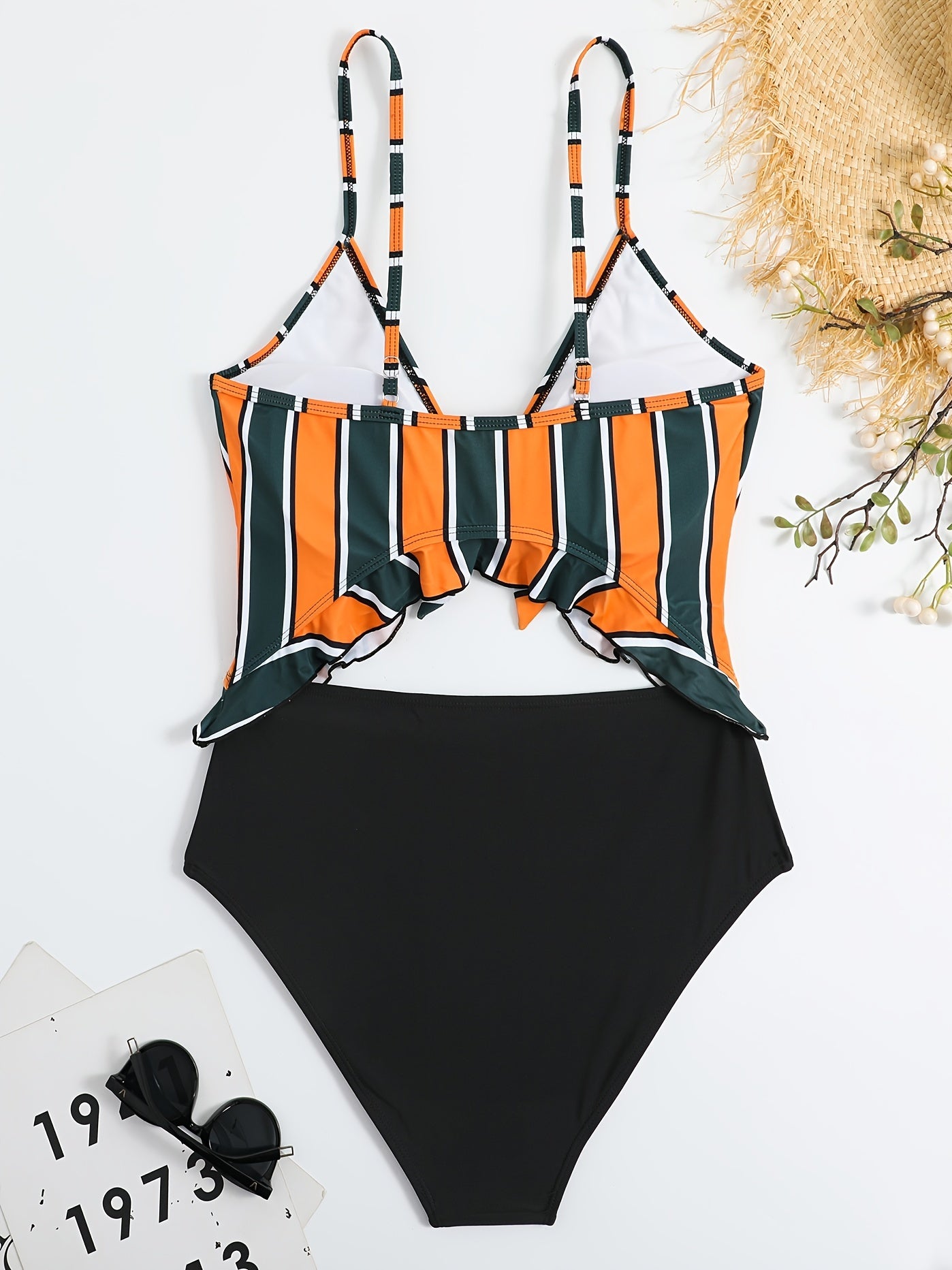  Colorblock Ruffle Trim Cut Out One Piece Swimsuit Women's Plus