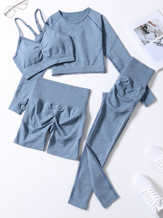 4pcs Women's Yoga Fitness Set Sleeveless Sports Bra Long Sleeve Thumb Hole Shirt