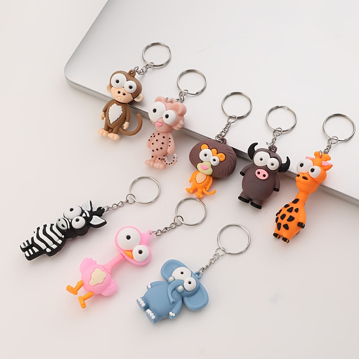 8pcs Big Eye Animal Keychain PVC Elephant Monkey Cow Deer Bag Key Chain