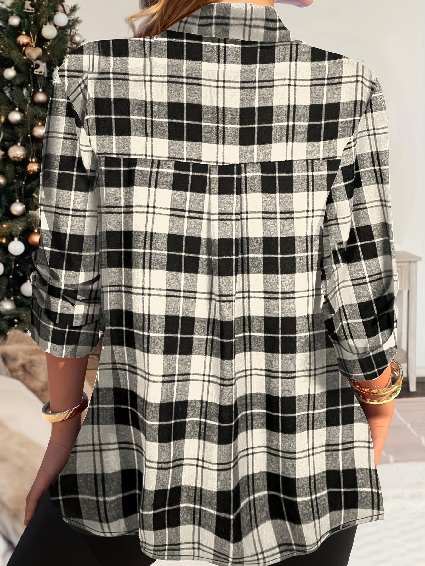  Plaid Print Button-Up Shirt Top