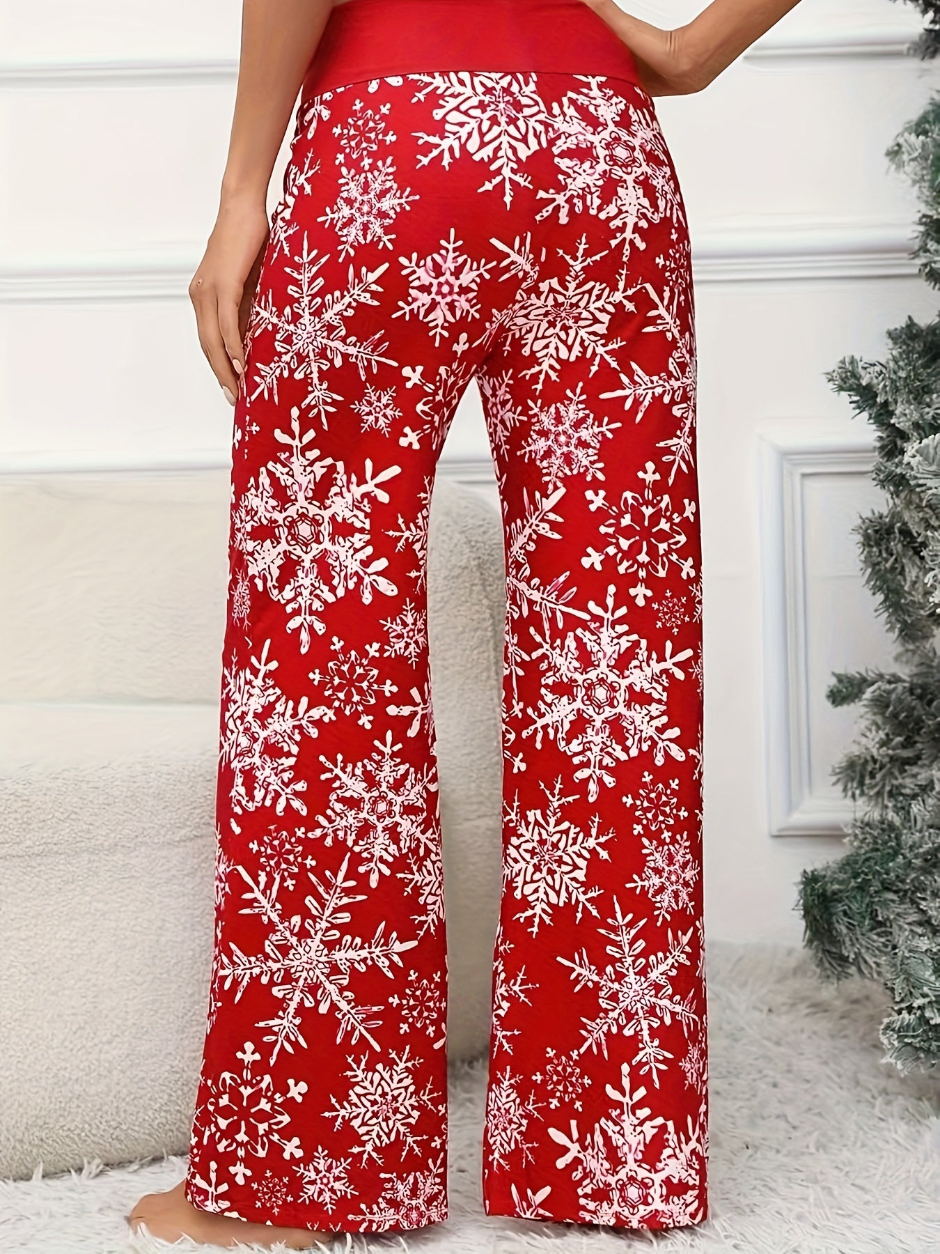  Snowflake Print Drawstring Pants Elastic Trousers