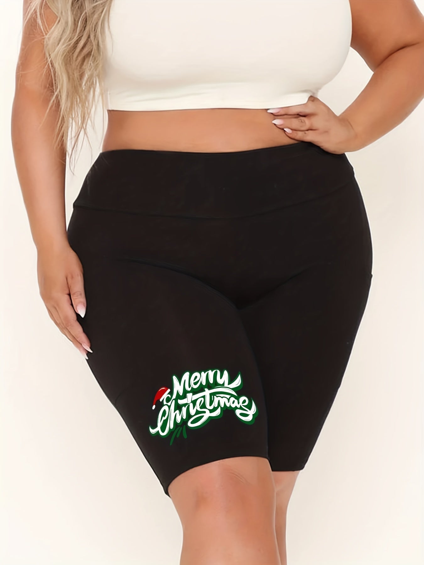  Christmas Casual Shorts Women's Plus Hat & Letter Print Biker Shorts