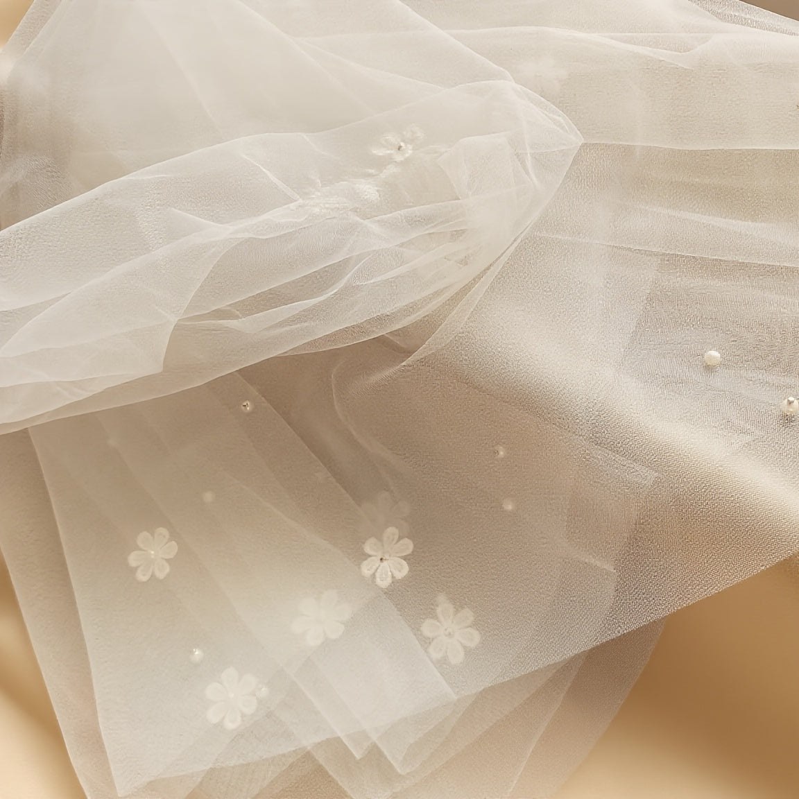 Hand Sewn Floral Pearl Bridal Veil Double Layer with Comb