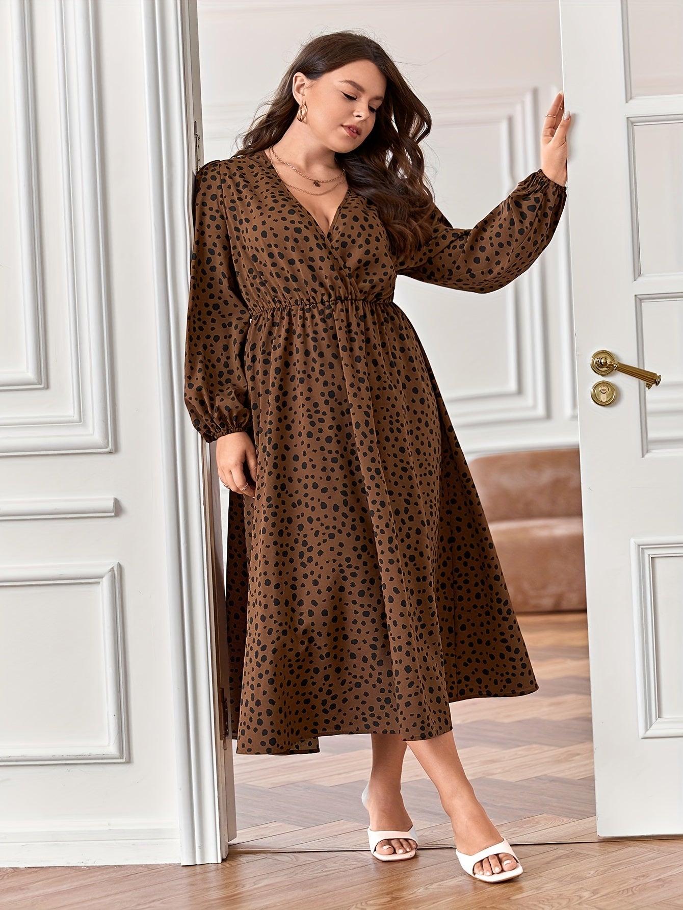 Women's Plus Dalmatian Print Lantern Sleeve Dress