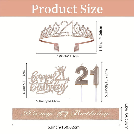 21st Birthday Decorations Set for Women - Sash, Cake Topper, Crown, Candles