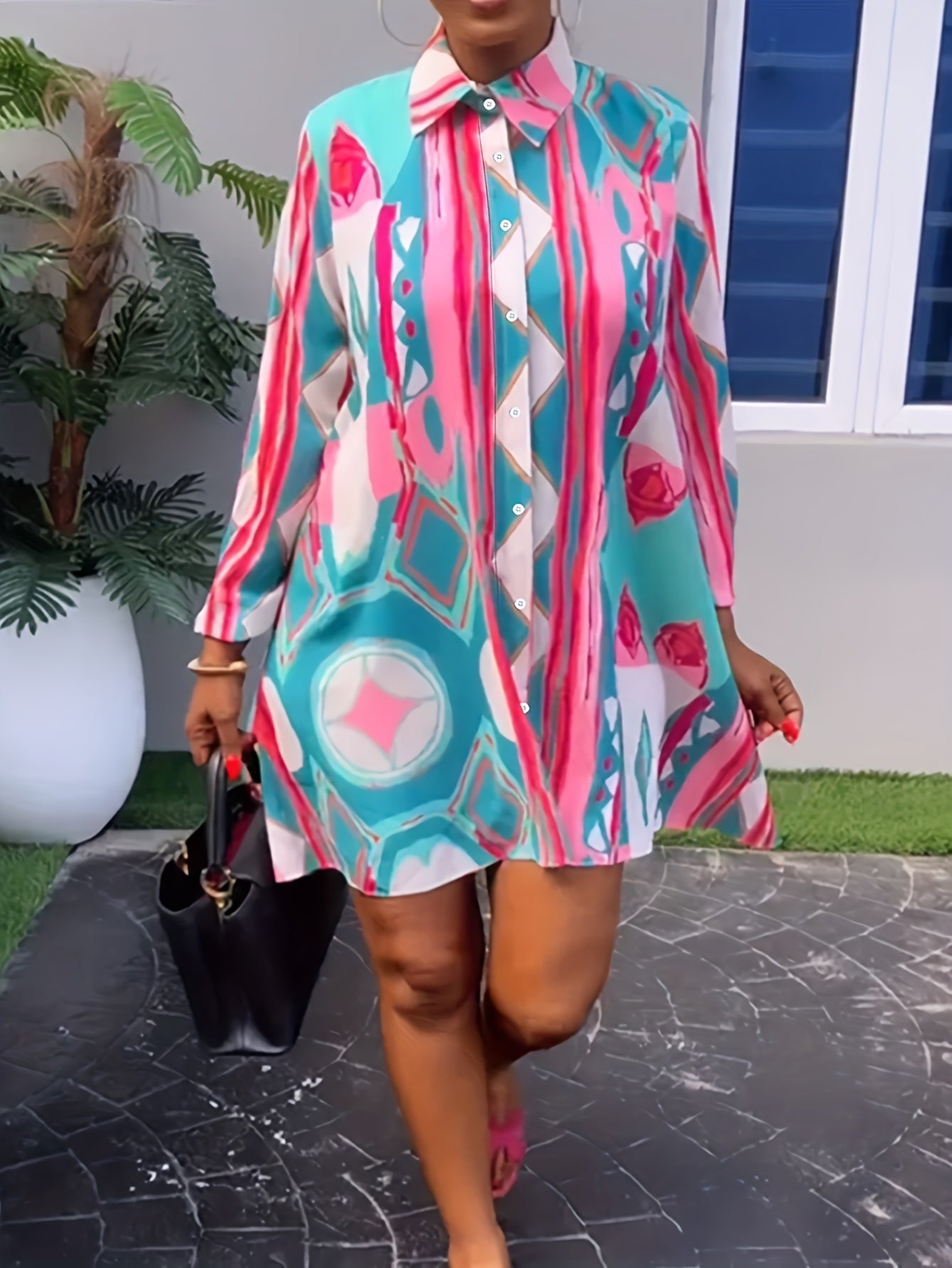  Casual Dress Women's Plus Allover Print Lantern Sleeve Button Up