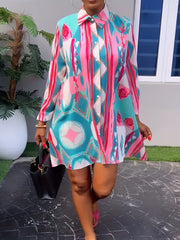  Casual Dress Women's Plus Allover Print Lantern Sleeve Button Up