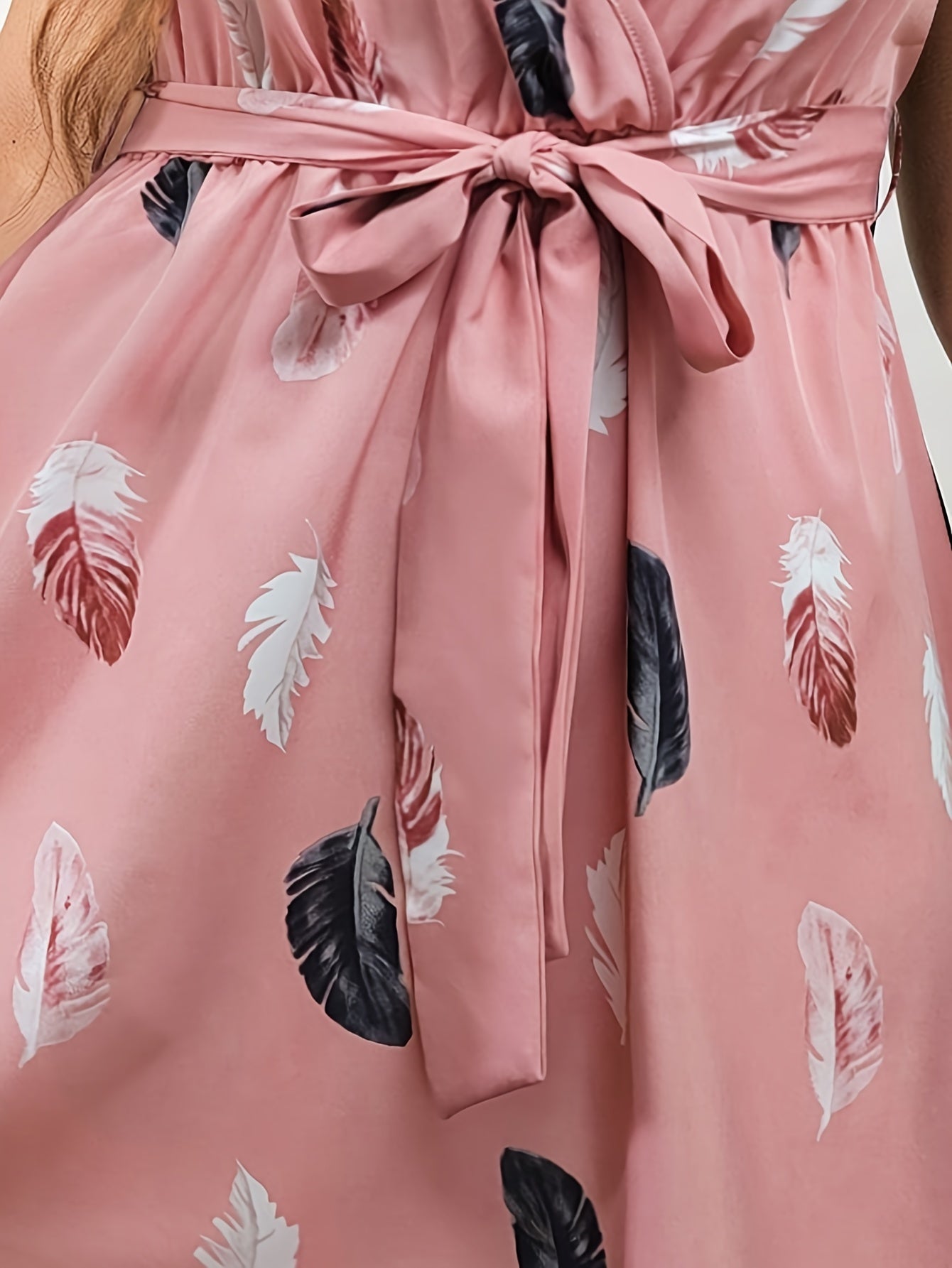  Boho Feather Print Dress with Belt