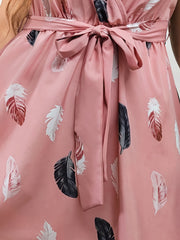  Boho Feather Print Dress with Belt