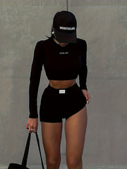 Casual 2pc Set Crew Neck Crop Top & Workout Shorts