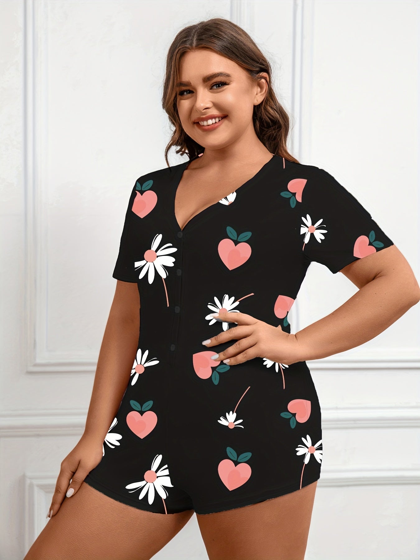  Daisy & Peach Print Button Up Romper