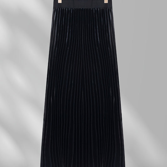 Pleated Maxi Skirt High Waist Casual Solid Color