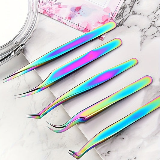 5pcs Eyelash Extension Tweezers Set Stainless Steel Straight And Curved Volume