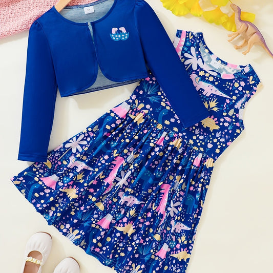 2pcs Dino Tank Dress & Cardigan Set for Girls - Floral Dinosaur Print Outfit