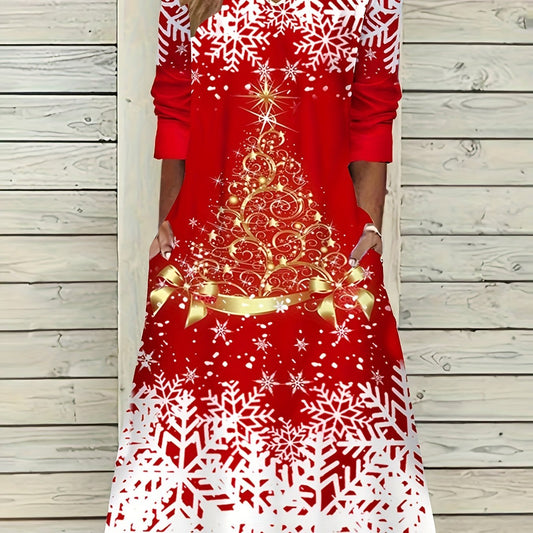  Christmas Tree Print Three Quarter Sleeve Dress