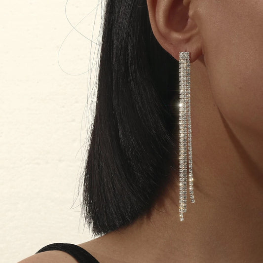 Long Rhinestones Tassel Drop Earrings for Women Girls