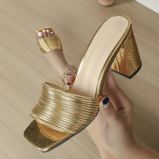 Women's Golden Block Heeled Sandals Square Toe Slip On Pumps Dress Heels