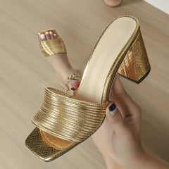 Women's Golden Block Heeled Sandals Square Toe Slip On Pumps Dress Heels