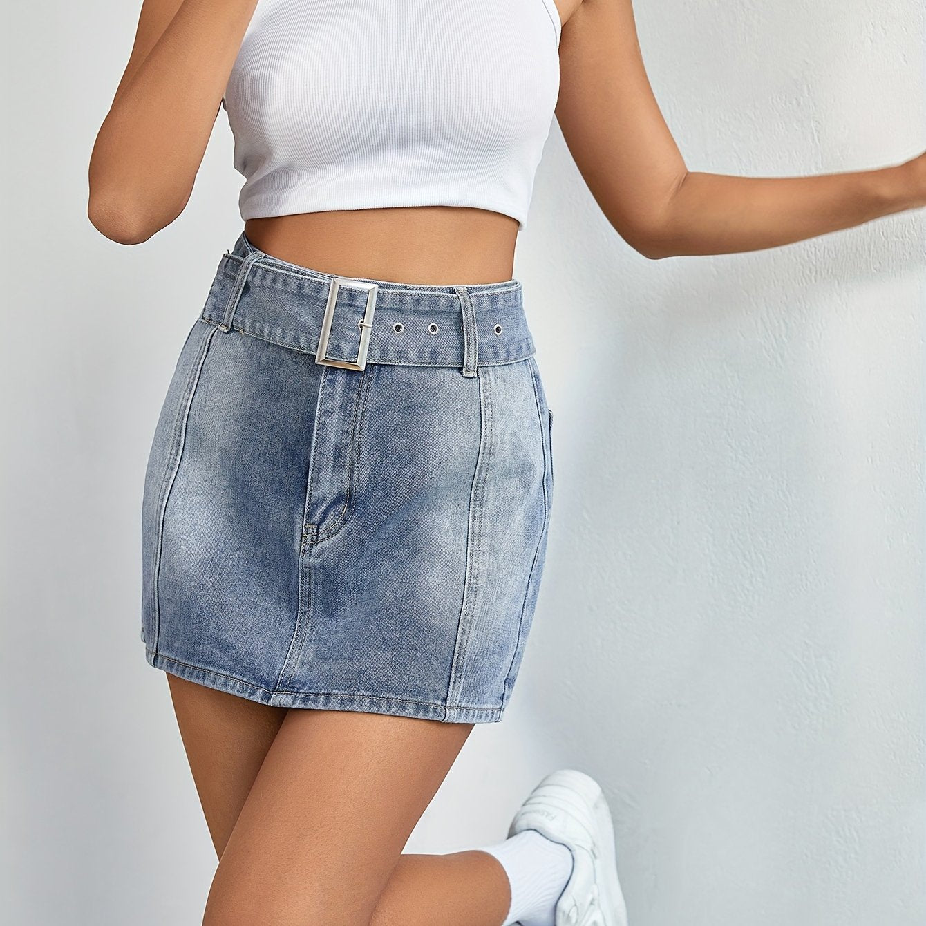 Adjustable Belt High Waist Mini Denim Skirt Women's Clothing