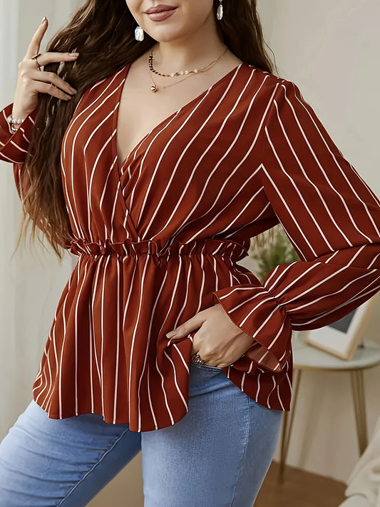  Stripe Print Lantern Sleeve Top