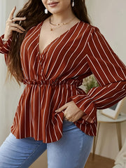  Stripe Print Lantern Sleeve Top