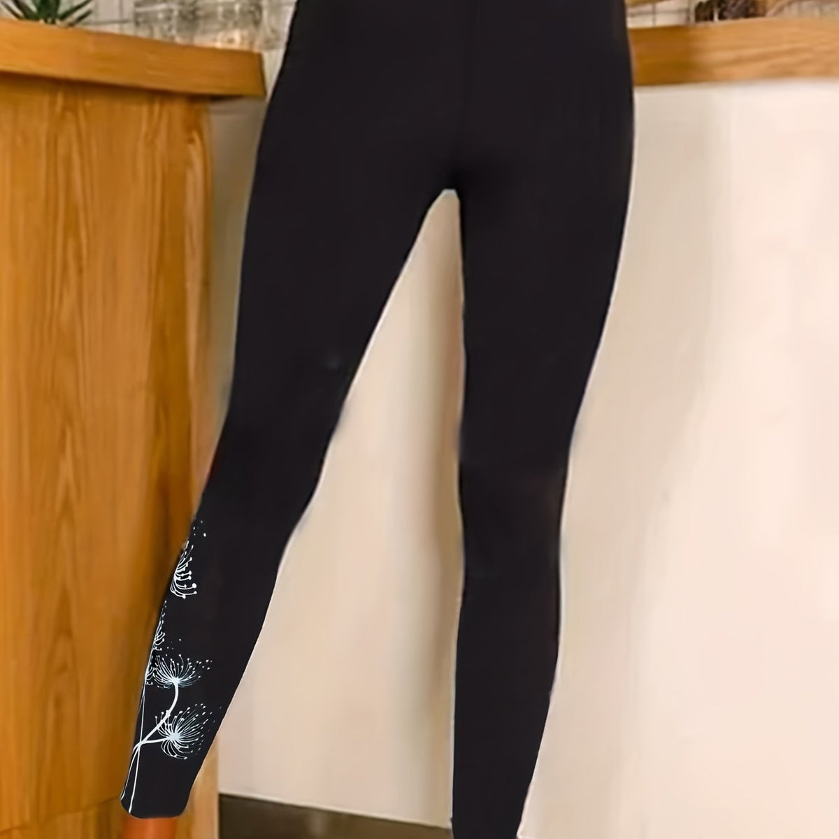  Sports Leggings Women's Plus Dandelion Print High Rise Medium Stretch