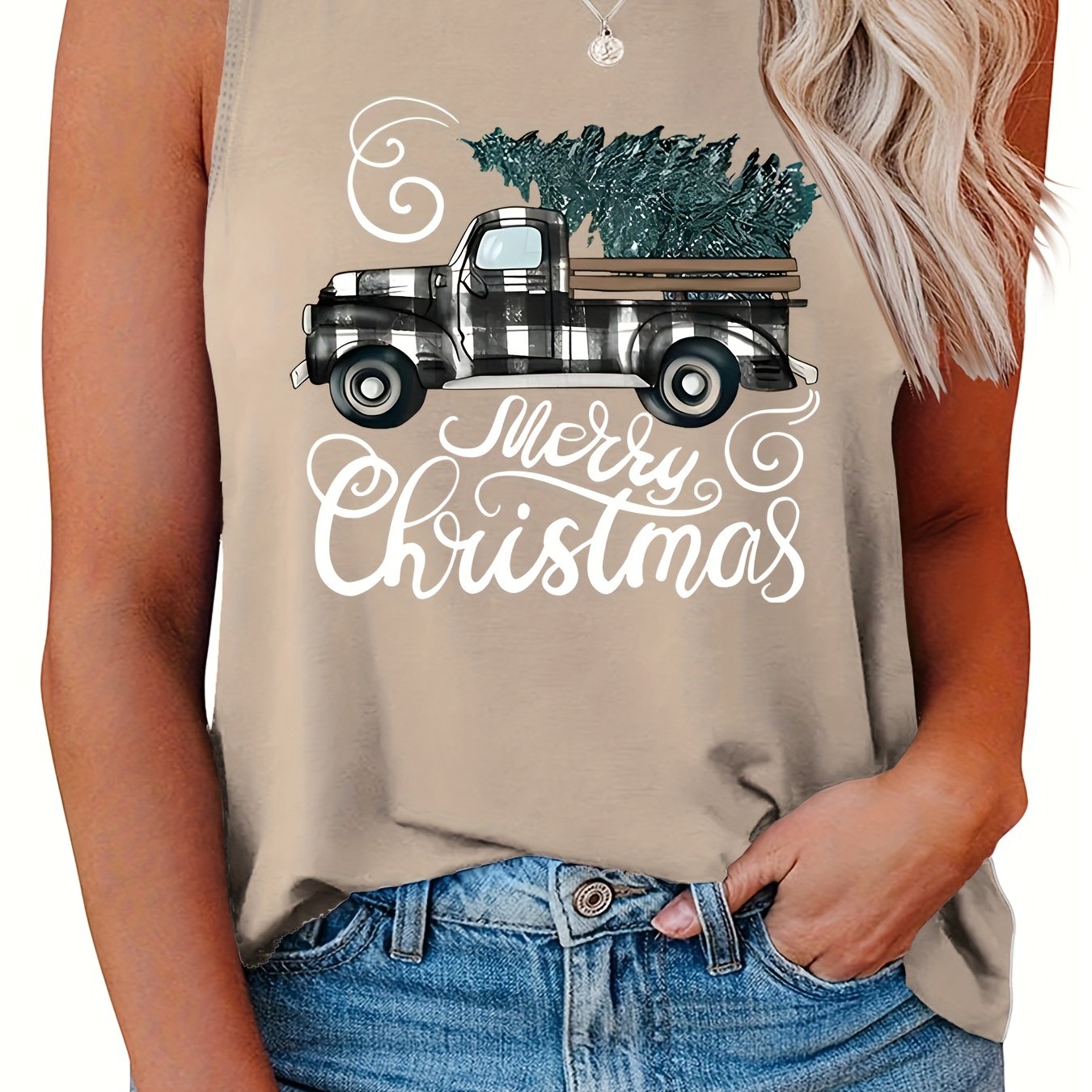  Plaid Truck Car Christmas Tree Print Tank Top