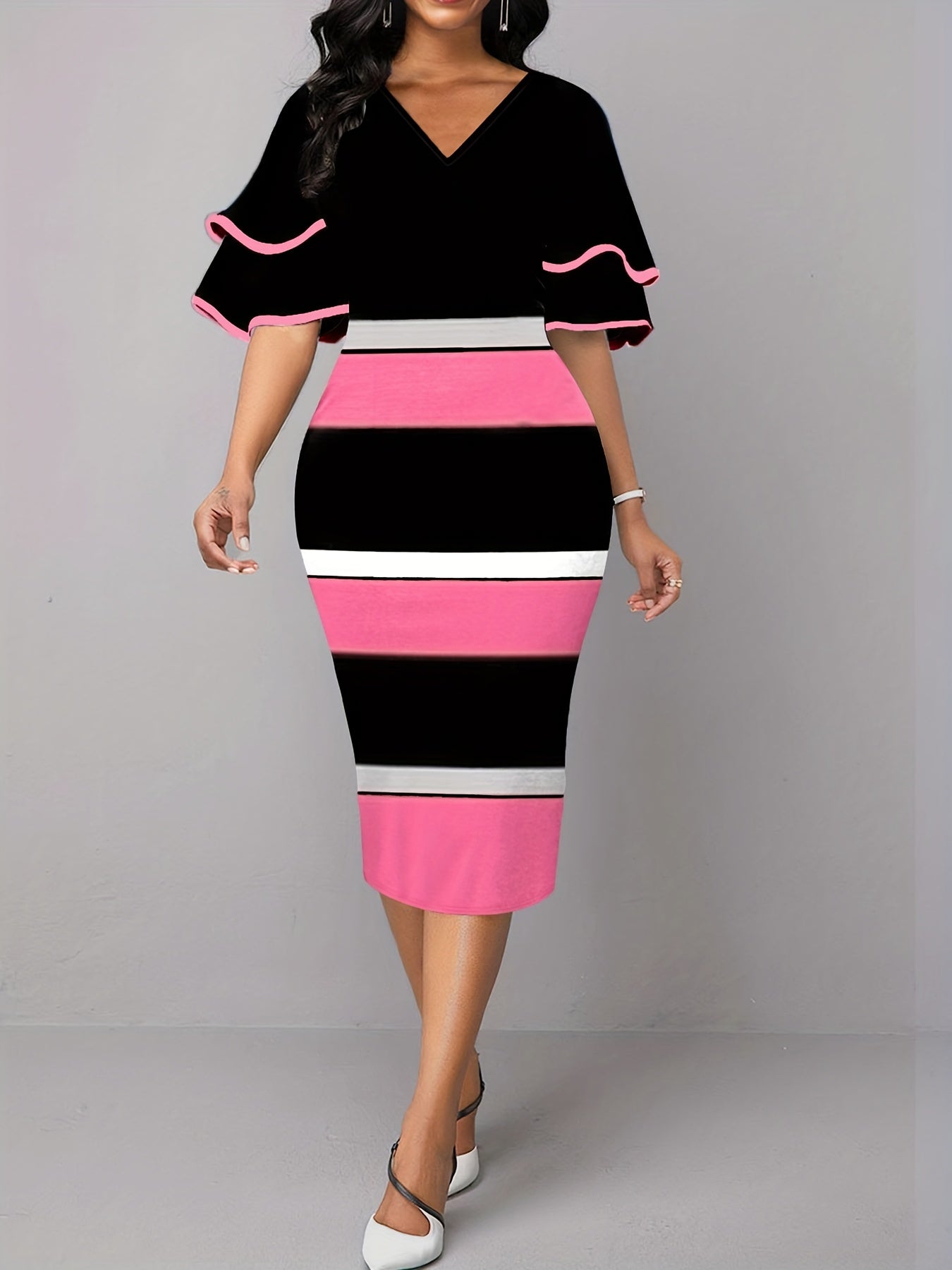  Colorblock Layered Sleeve V Neck Dress