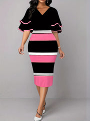  Colorblock Layered Sleeve V Neck Dress