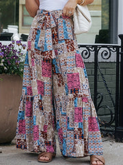  Patchwork Print High Rise Wide Leg Trousers With Belt