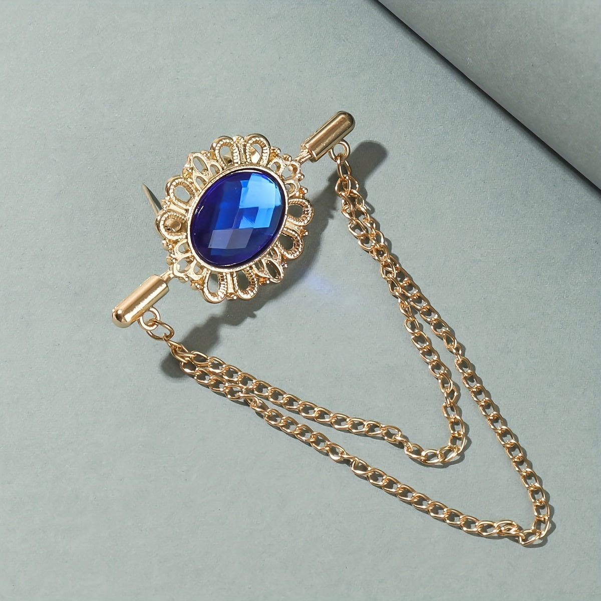 Sapphire Brooch Chain Collar Pin Jewelry Set