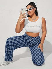  Checkboard Print High Waist Wide Leg Jeans
