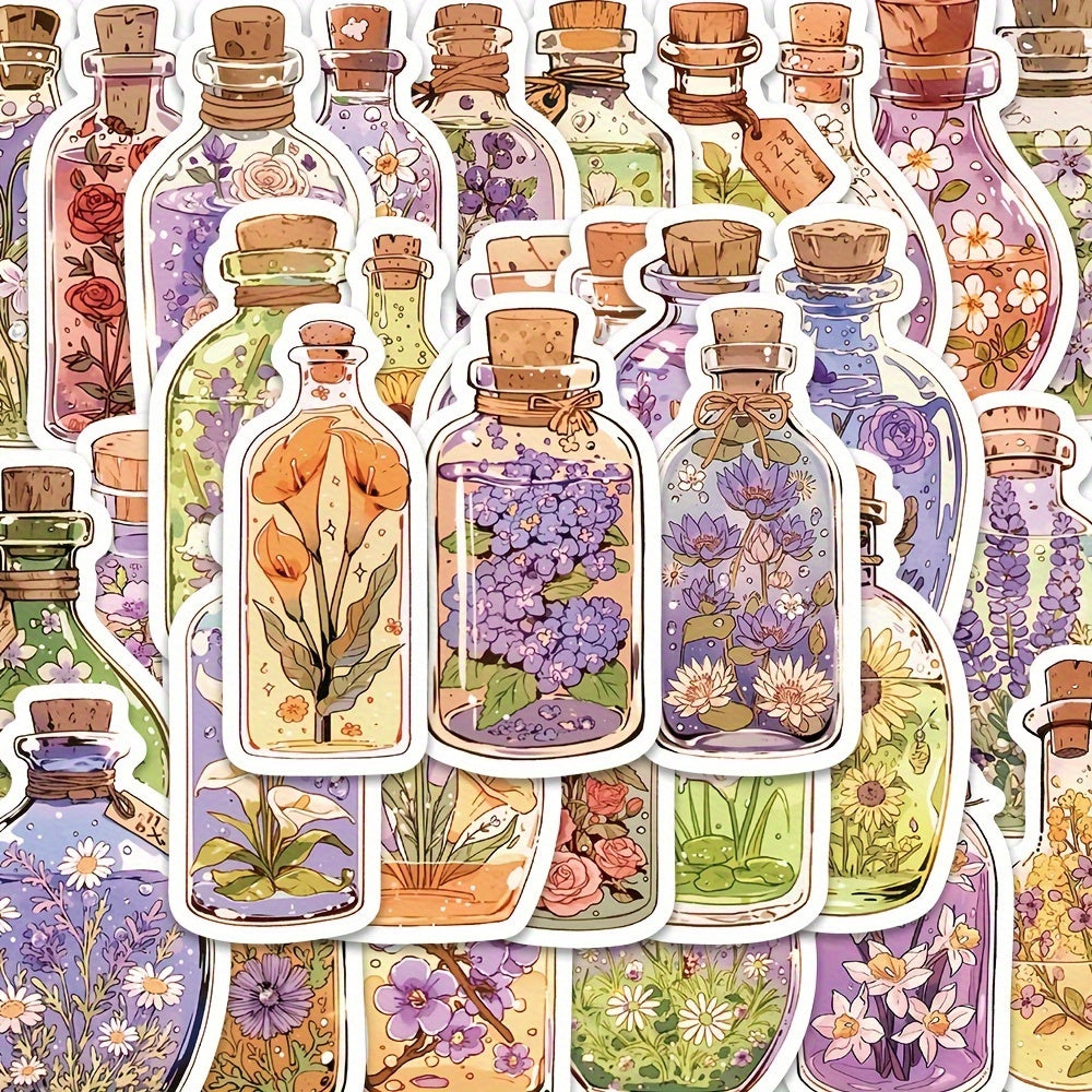 50pcs Floral Glass Bottle Stickers Self Adhesive Decals for Electronics