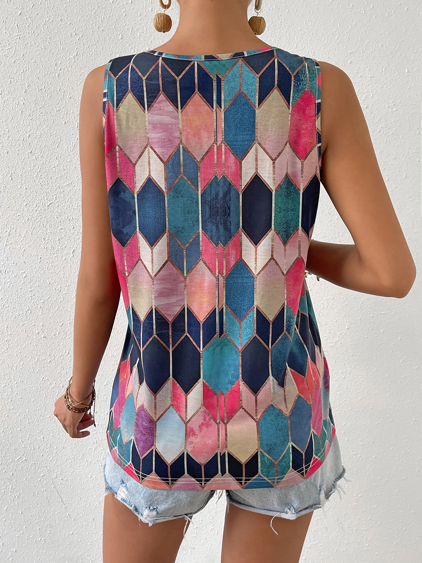 Gem Print Zip Up V Neck Tank Top Women's Clothing
