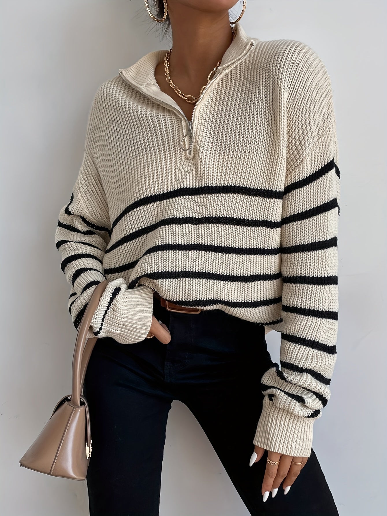  Stripe Print Zipper High Neck Jumper