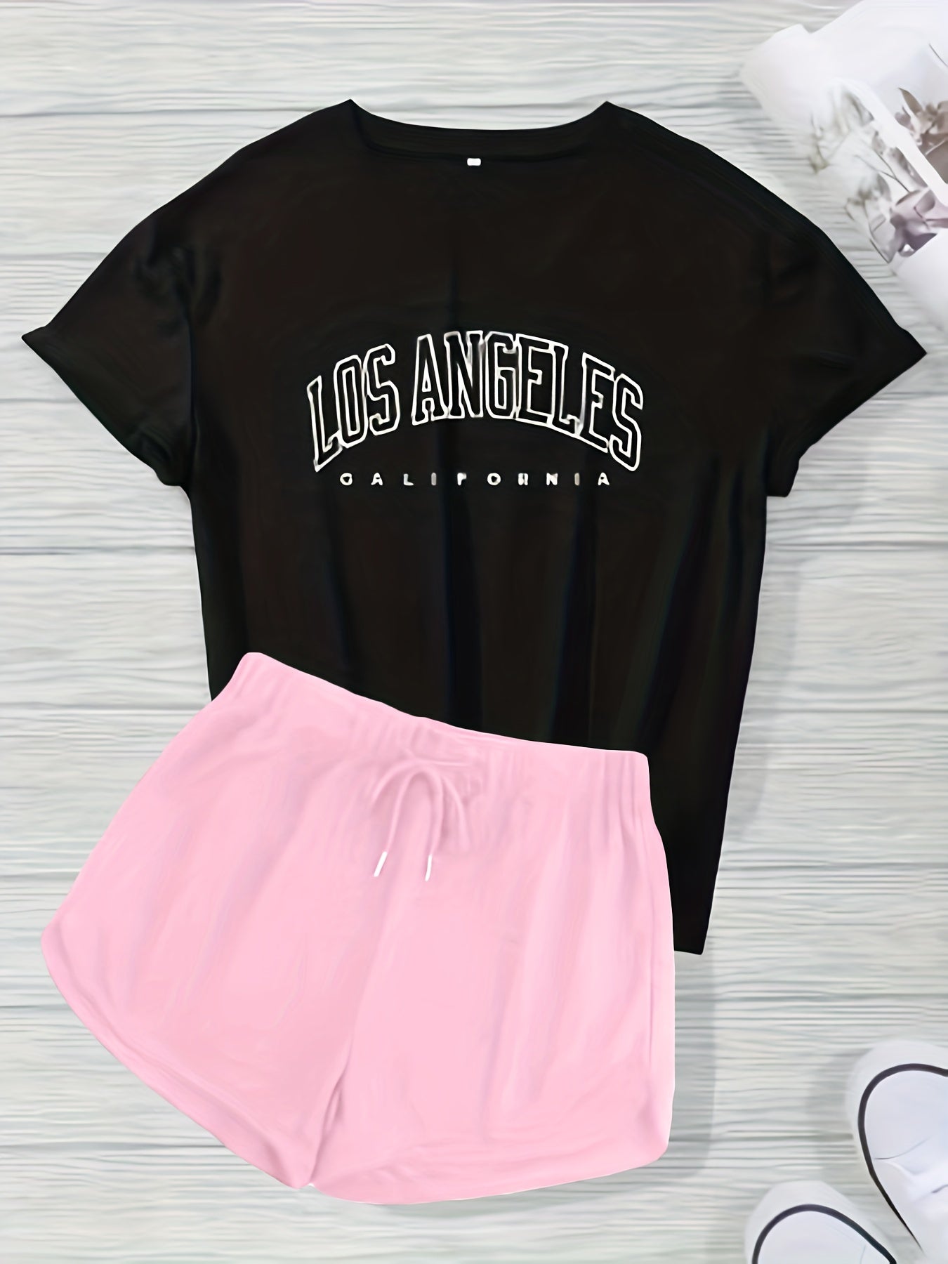 Letter Print Short Sleeve T shirt & Drawstring Waist Shorts Set