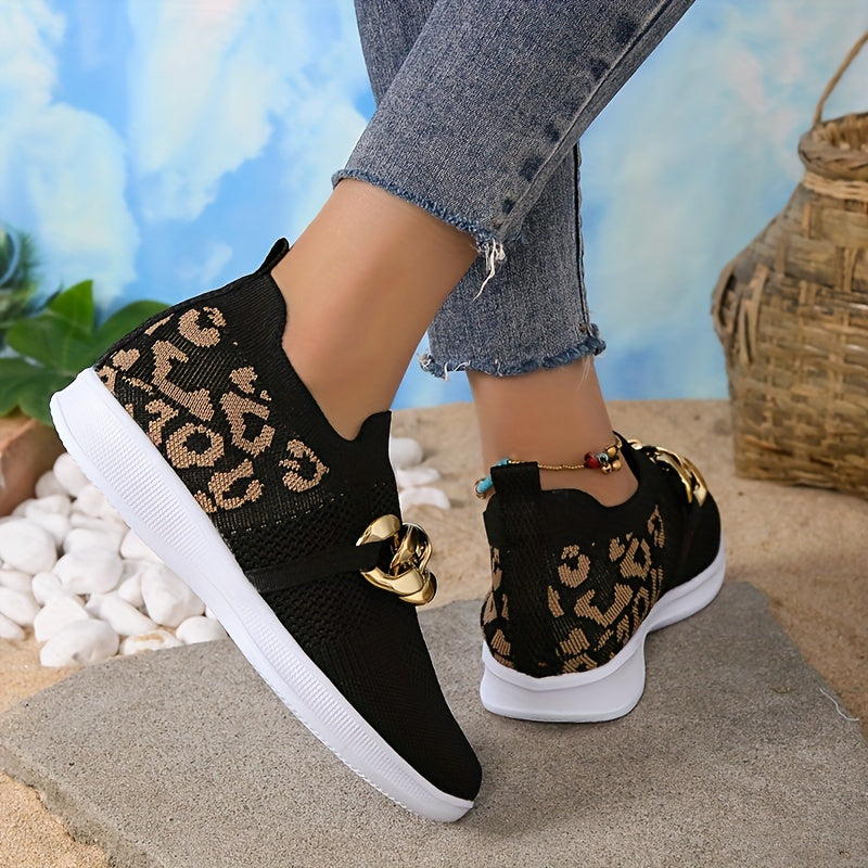Leopard Print Sneakers with Chain Decor - Breathable Knit Low Top Shoes