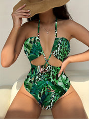 Leopard Leaf Print Cut Out One Piece Swimsuit Green Monokini