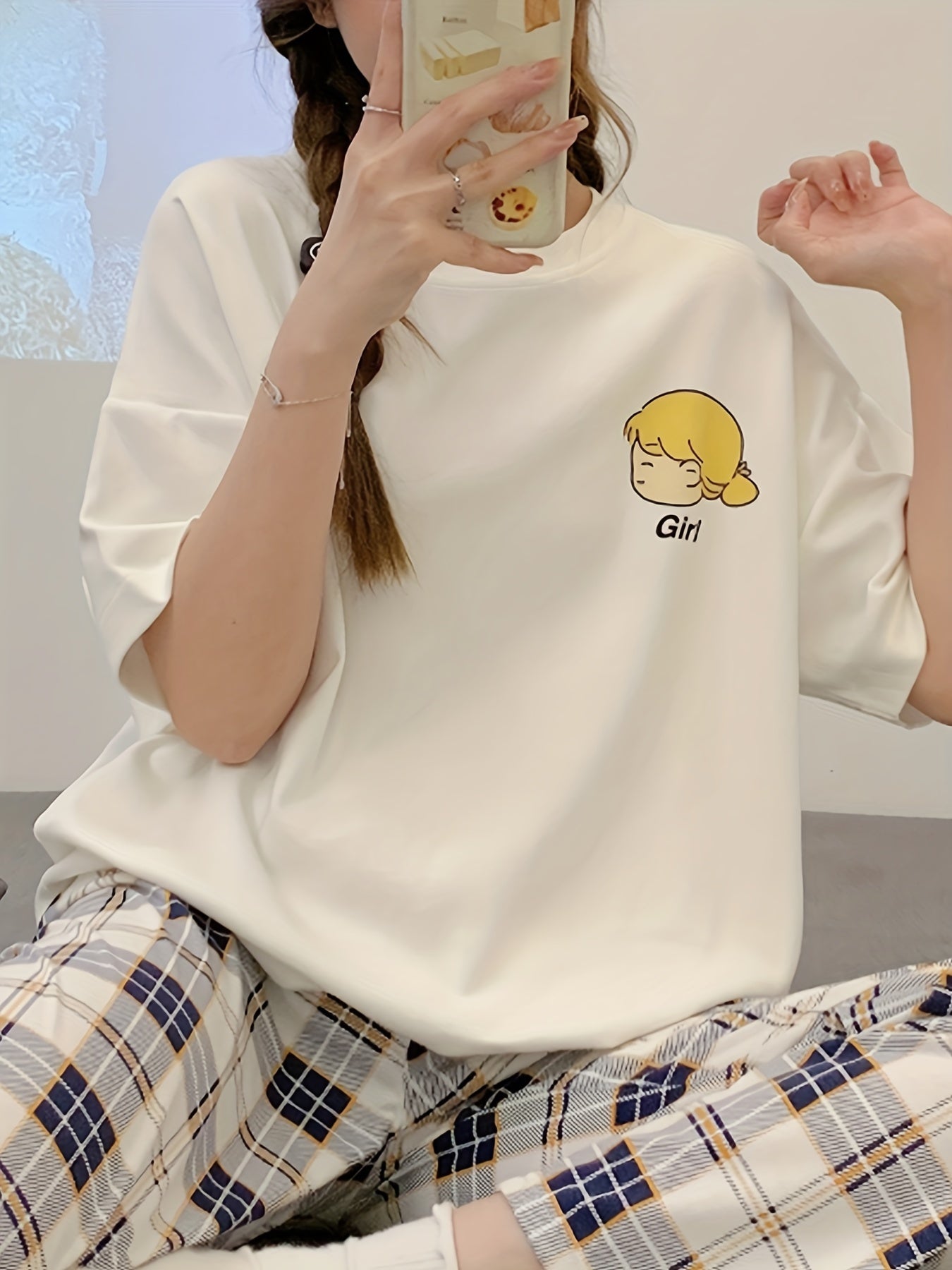 Cartoon Print Pajamas Set Crew Neck Top & Plaid Pants Women's Loungewear